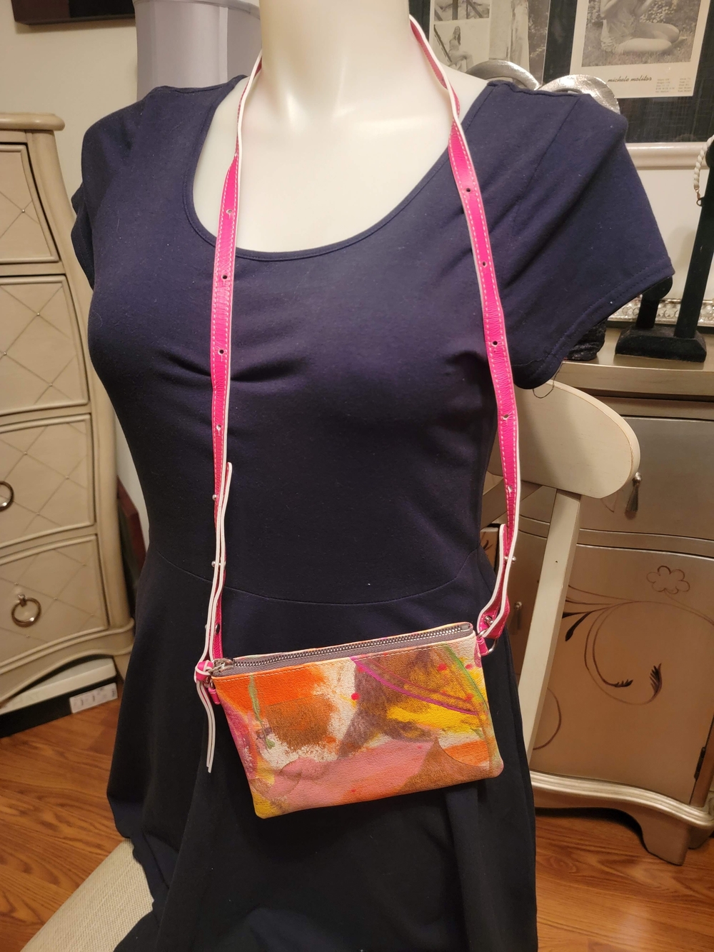 Handbag By Artist Marla Cielo Hand Painted Crossbody Wristlet with Pink Strap